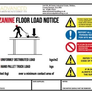 Safe Working Load Notice - Mezzanine Floor